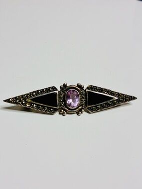 925 Victorian Inspo Art Deco VTG BL Onyx Inlayed Amethyst Marcasite Bar Brooch